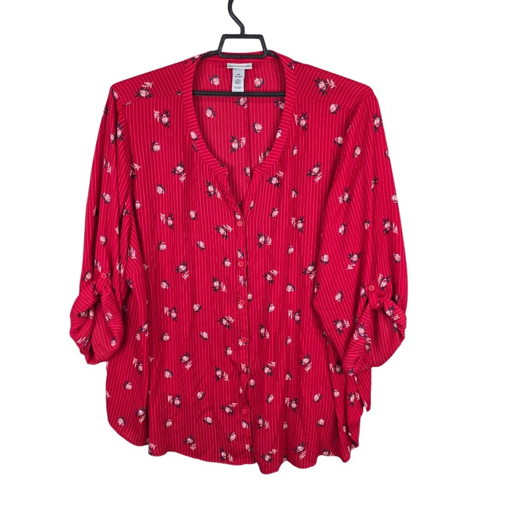 Womens Catherines Red Floral & Stripe Blouse Button Up 3/4 Roll-Tab Sleeves 6X